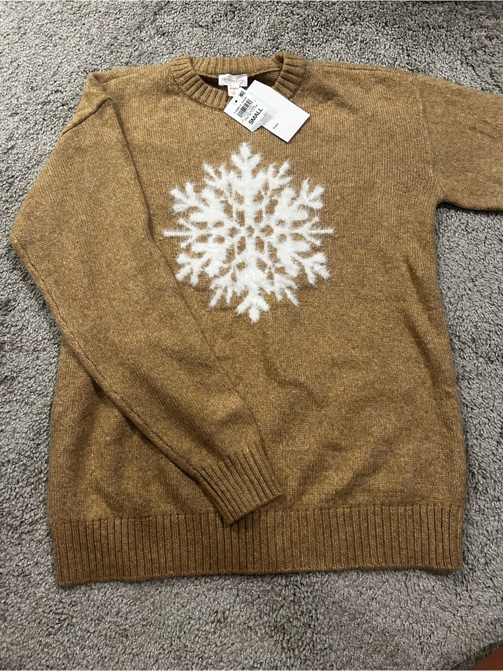 Cozy Camel Crewneck Sweater with White Snowflake - Women